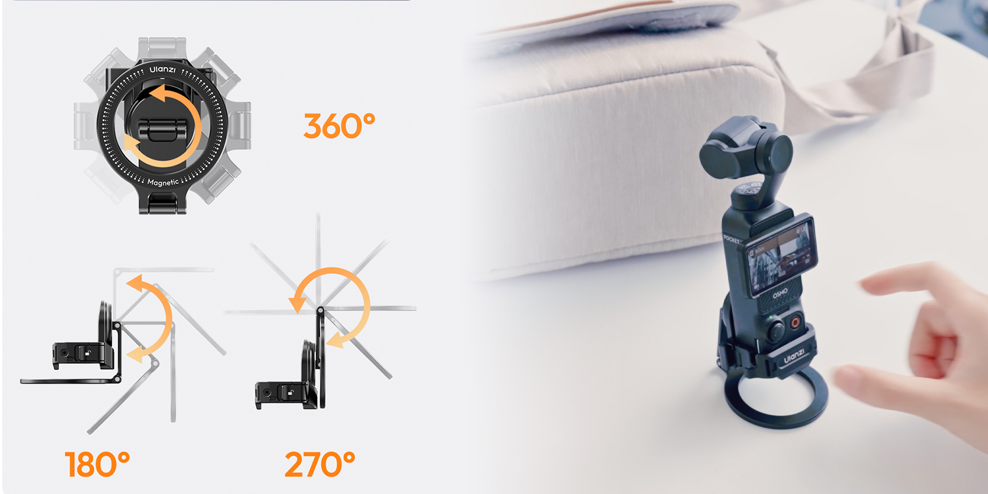 width=100% Uchwyt montażowy Ulanzi PM01 Magsafe do Osmo Pocket 3 prezentacja zakresu ruchów